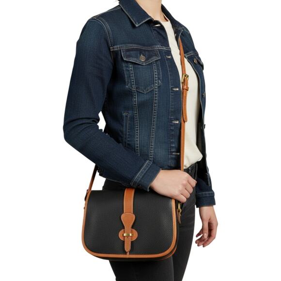 Dooney & Bourke Handbags - Vtg Dooney & Bourke Pebble Leather Crossbody Purse Black Brown Trim Shoulder Bag